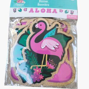 Aloha Flamingo Banner Party Decoration 7 ft Tropical Pink Gold Glitter